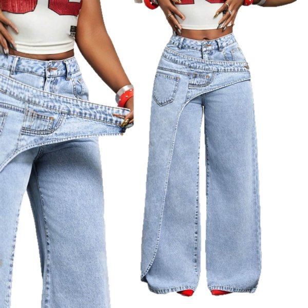 Double-layer crossover-waist wide-leg jeans(2 styles)
