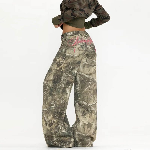 Vintage-style branch-pattern camouflage utility jeans